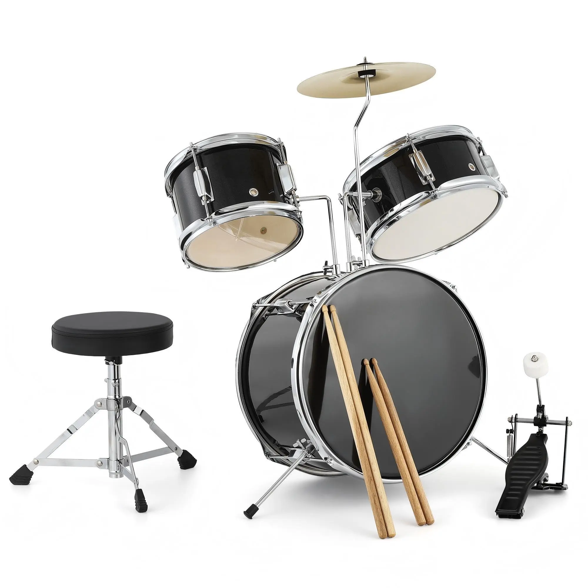 3 Piece Drum Set – Beginner Junior Drum Kit with Tom-Tom, Snare & Bass Drum, Cymbal, Pedal, Drumsticks and Throne Stool, Durable Wood/Metal Construction, Ideal for Practice, Learning & Gifts