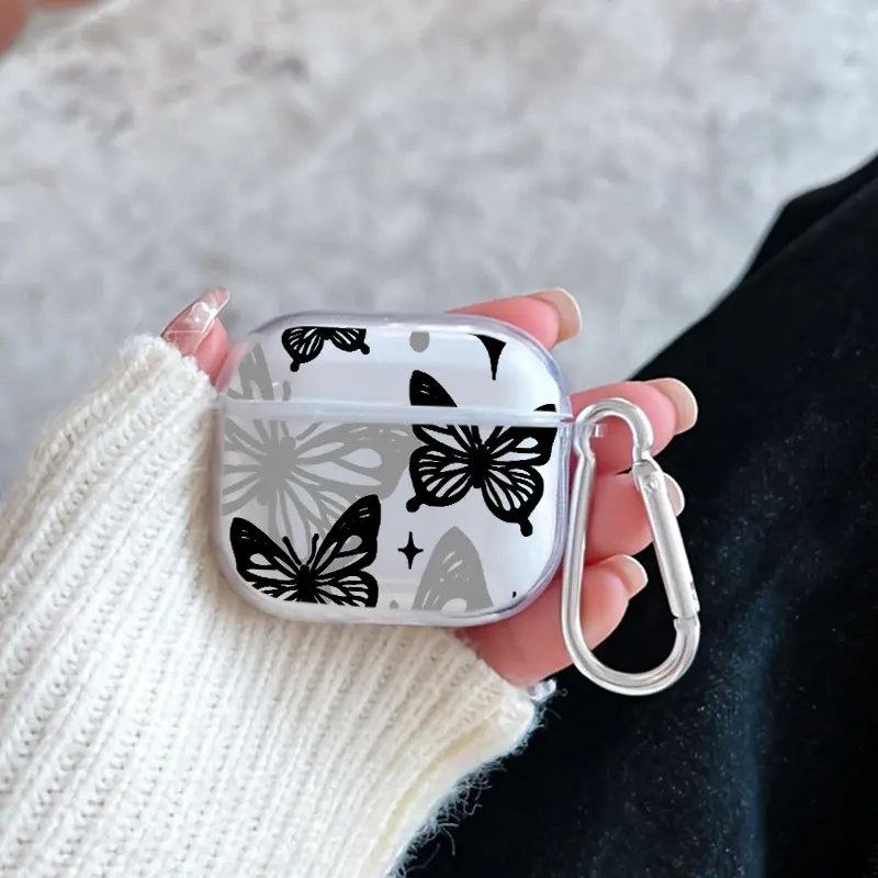 Fashion Black Butterfly Pattern TPU Soft Protective Case for Apple AirPods 4/3/2/1/Pro/Pro2/Pro3 Transparent Earphone Cover with Keychain Attachment