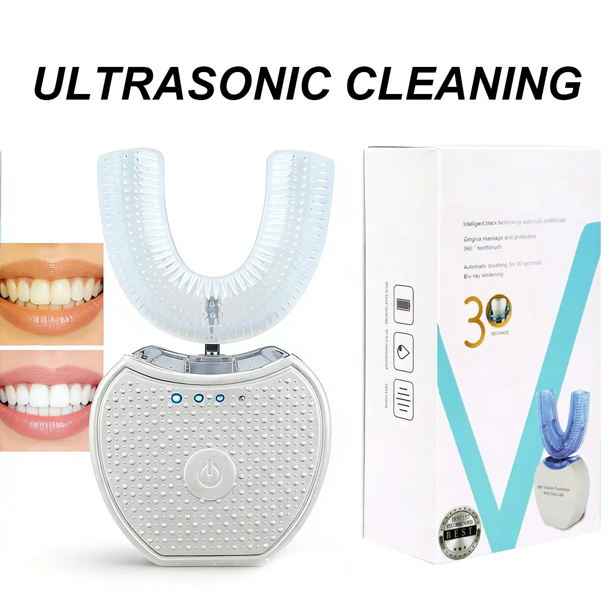 360° U-Shaped Electric Toothbrush with Blue Light,Hands-Free, USB Rechargeable, 3 Cleaning Modes, Ultrasonic Full Mouth Sonic Cleaner,
