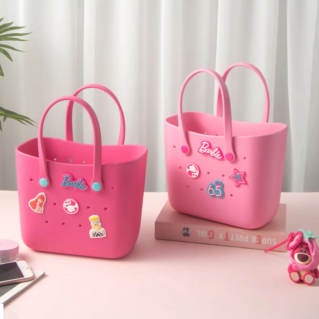 Barbie Waterproof Tote Bag – Large Capacity Beach & Travel Handbag with DIY Charms, Summer Casual Shoulder Bag, Perfect Birthday Gift for Women Girls