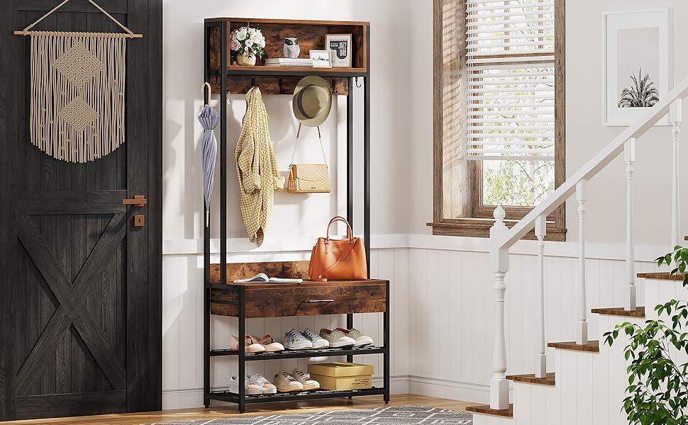 Tribesigns 3-in-1 Entryway Hall Tree with Drawer, Vintage Industrial Coat Rack with Shoe Bench and Hutch, Mudroom Bench with Shoe Storage rack and 9 Hooks for Living Room Bedroom, Standing Shelf