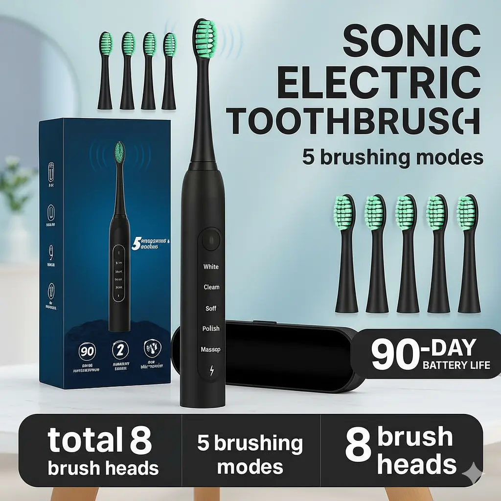 ProClean Sonic Electric Toothbrush (Teeth Cleaner) - 5 Modes, 8 Toothbrush Heads with Soft Dupont Bristles, USB Rechargeable, Cordless, Waterproof, 3.7V, 90 Days Battery Life, IPX7, Sensitive Cleansing, Massage, Timer, Travel Case, Black, Daily Oral Care