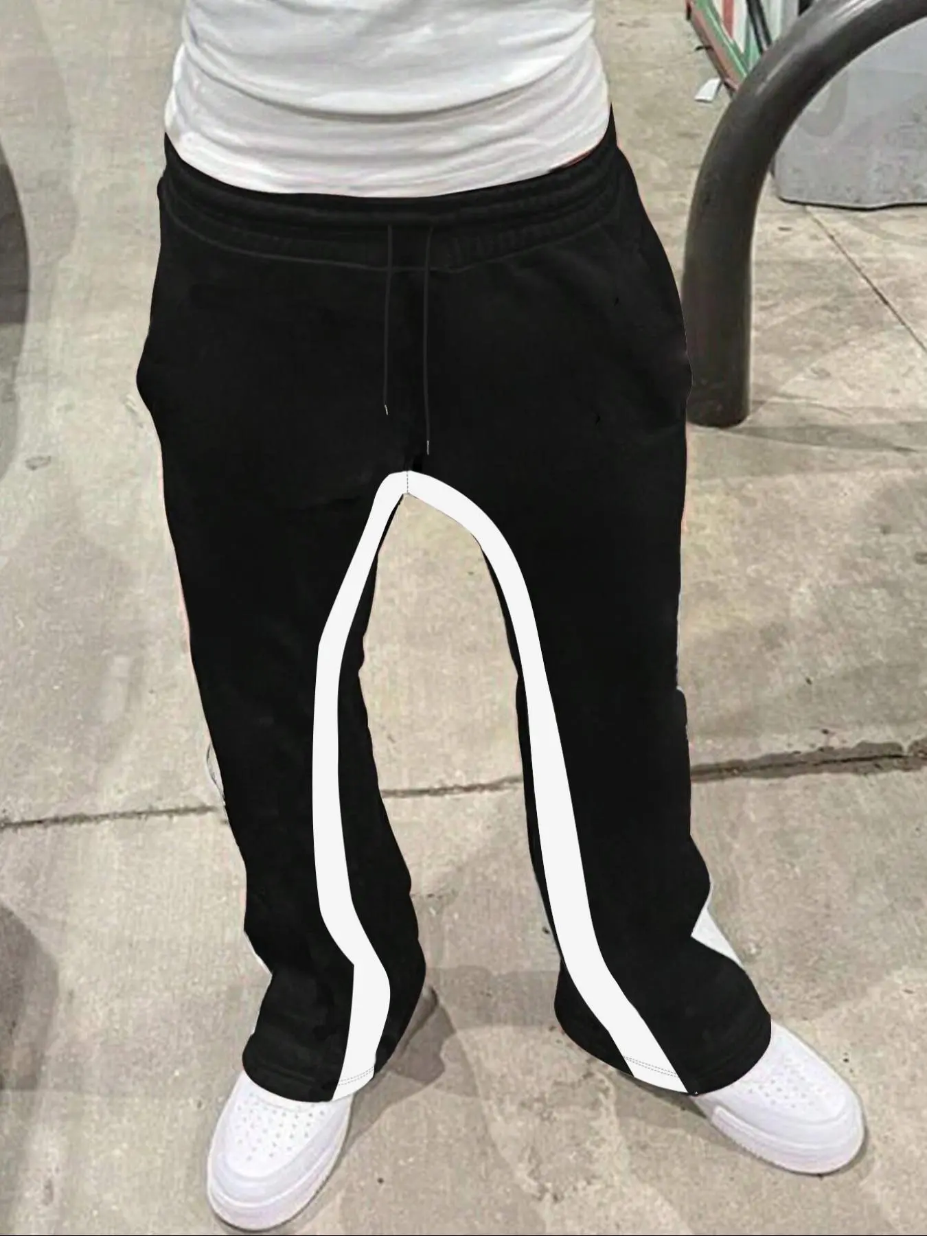 Men's Colorblock Patchwork Drawstring Waist Flare Leg Pants, Regular Fit Casual Comfy Pocket Trousers, Casual Streetwear Trousers for Spring & Fall, Men's Bottoms for Daily Wear, Casual Lounge Pant, Chill Casual Pants