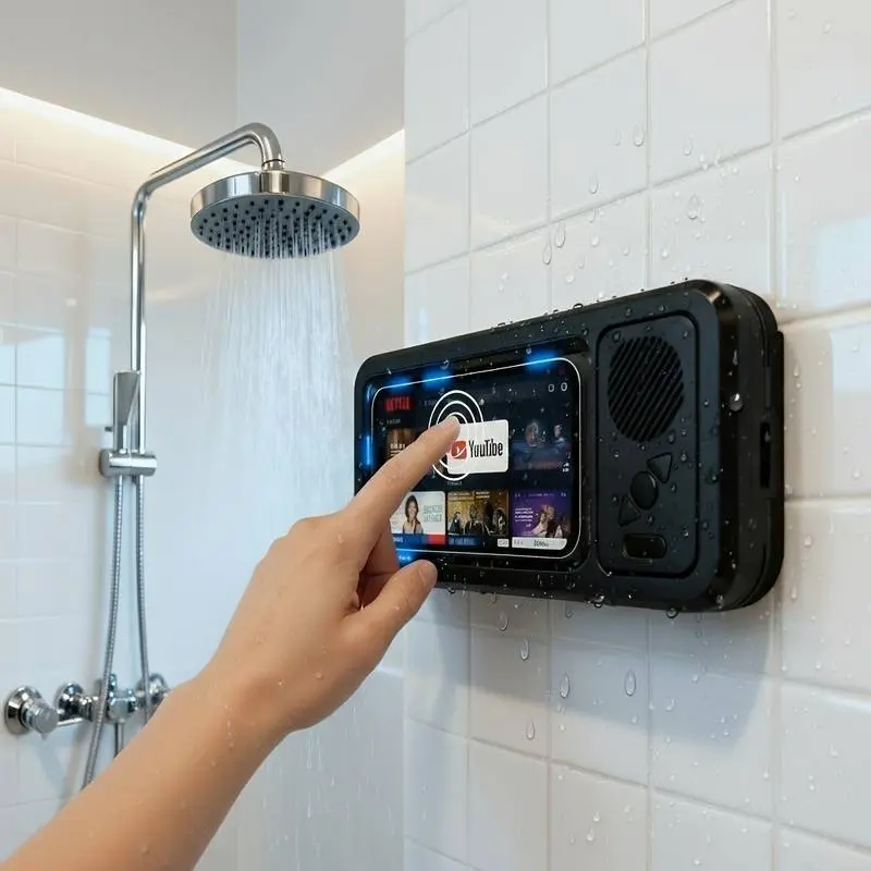 Waterproof box-type speaker, waterproof for bathrooms, 360° rotating touch screen, Bluetooth speaker, Portable waterproof speaker, Wireless shower speaker, watch movies, listen to music, phone holder, bathroom, holiday gift