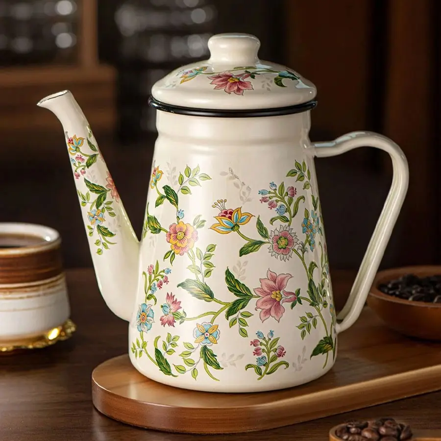 1pc 1.2L Multi-Color Enameled Coffee Pot, Handheld Long Spout Infusion Tea Kettle, Home Boiling Water Jug, Gift Teapot, Floral Design, Electromagnetic Induction, Teapot for Stovetop, Tea Maker, Kitchenware