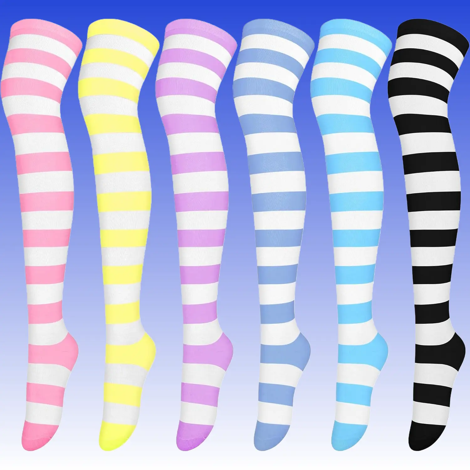 Women's 6-Pair Retro Striped Thigh-High Socks Set - Soft, Comfortable, Breathable, Warm Over-the-Knee Leg Hosiery, Minimalist Design, Versatile for School & Casual Use, Ideal for Cosplay Pairing