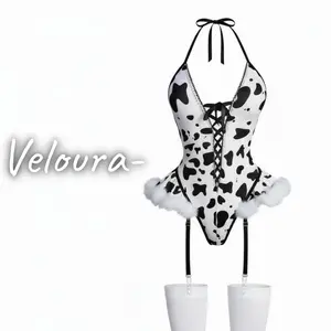 Women's Cow Print Halter Bodysuit with Fluffy Faux Fur Trim Cute Cosplay Costume for Themed Parties & Content Creation Lingerie Set date wear Outfit  Womenswear Black White Soft Straps Satin secret gift babydoll