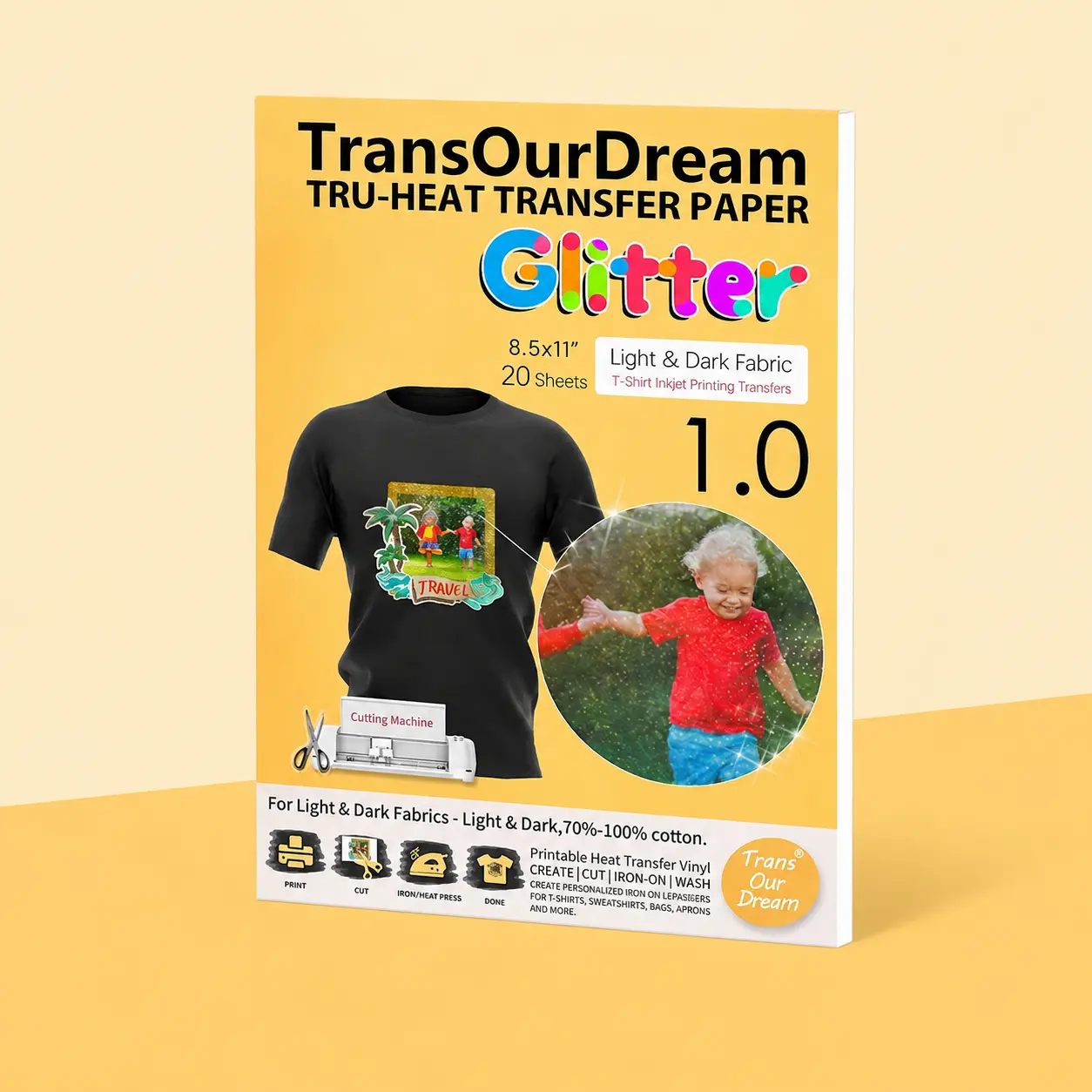 TransOurDream Glitter Heat Transfer Paper for Dark Shirts - 20 Sheets 8.5x11" Inkjet Printer Iron-On, Shiny Cotton Handicraft Supply, Beginner Simple Washable DIY Material for Small Businesses Crafts