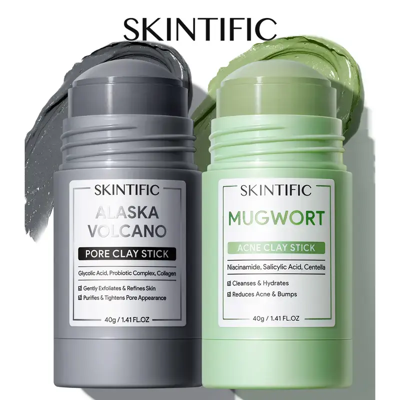 SKINTIFIC Dual Clay Stick Combo, Purifying Mugwort & Volcano Clay, Pore Cleansing, Oil‑Balancing, Brightening Non‑Irritating Skin Care