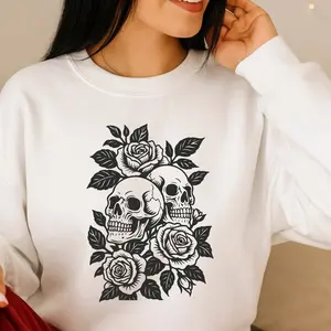 Skull and Roses Illustration Gothic Floral Sweatshirt