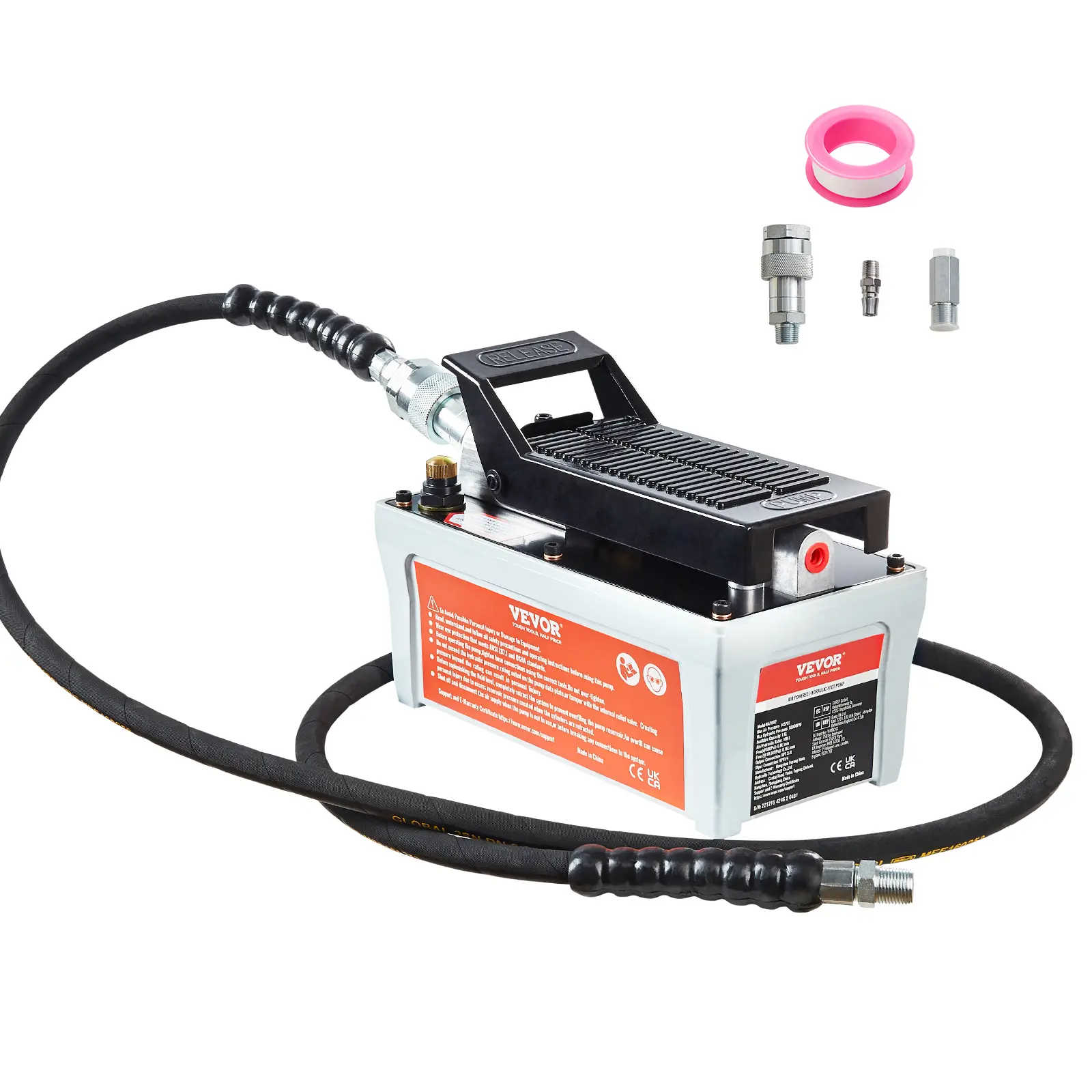 【summerfinds】VEVOR Heavy Duty Air Hydraulic Pump, 10,000 PSI, 1/2 Gal Tank for Long Runs (98 in) Oil Tank, NPT 3/8" Outlet, NPT 1/4" Inlet, 6.6 ft Pipe, Foot-Actuated Treadle with Hydraulic Coupler & Shockproof Base, Gray for Auto Body Frame Machines, Foo