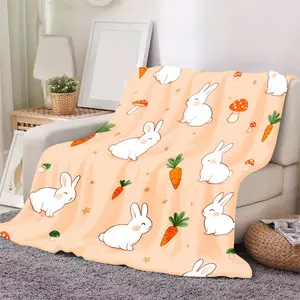 Cute Easter Bunny Soft Cozy Flannel Blanket - Cartoon Rabbit Carrot Mushroom Print Plush Throw, Warm Fuzzy Bed Sofa Kids Room Blanket, Perfect Easter Holiday Gift for Toddlers Girls Boys