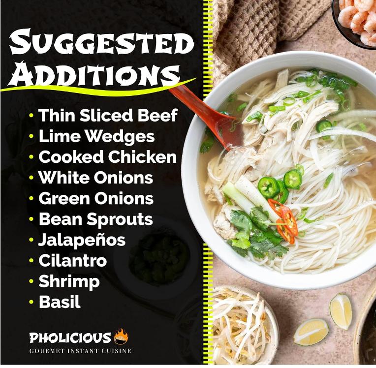 PhoLicious Instant Chicken Pho, Authentic Vietnamese Rice Noodle Soup Kit with Spices & Broth Mix, Ramen Noodles Alternative, Quick Microwave Meal - Pho Noodles Bowl - Chicken Flavor (4 Pack)