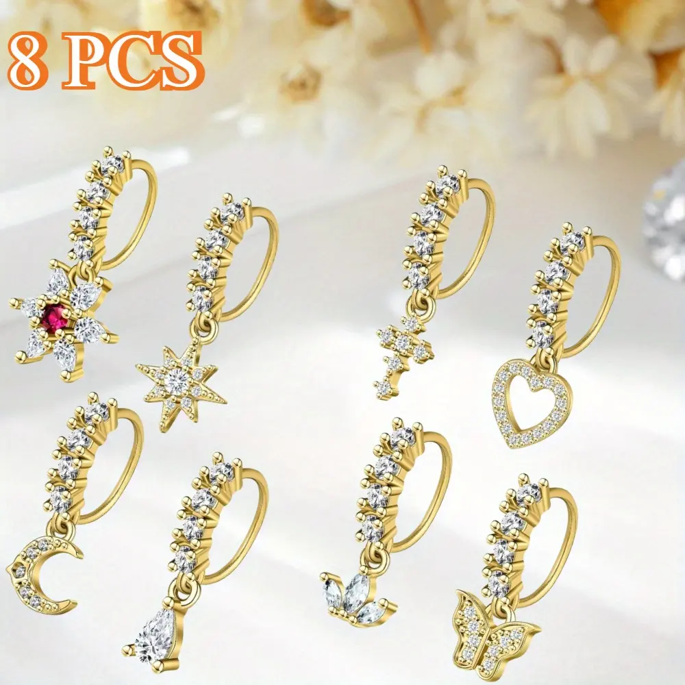 8pcs Hypoallergenic Golden-Tone Nose Rings for Women - Flower, Leaf, Star, Moon & Butterfly Dangling Septum Hoops, Elegant Retro Cartilage Jewelry for Birthdays, Parties & Casual Attire, Cute Nose Rings, Party Accessories, Versatile Fashion Accessory Summ