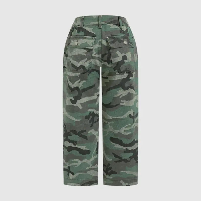 Flamingals Stretchy Camo Print Mid Waist Straight Leg Capri Pants Without Belt