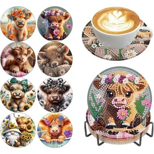 Cow Diamond Art Coasters Kit 5D Full Drill DIY Painting for Adults Home Decor Gift Set 8 Pieces