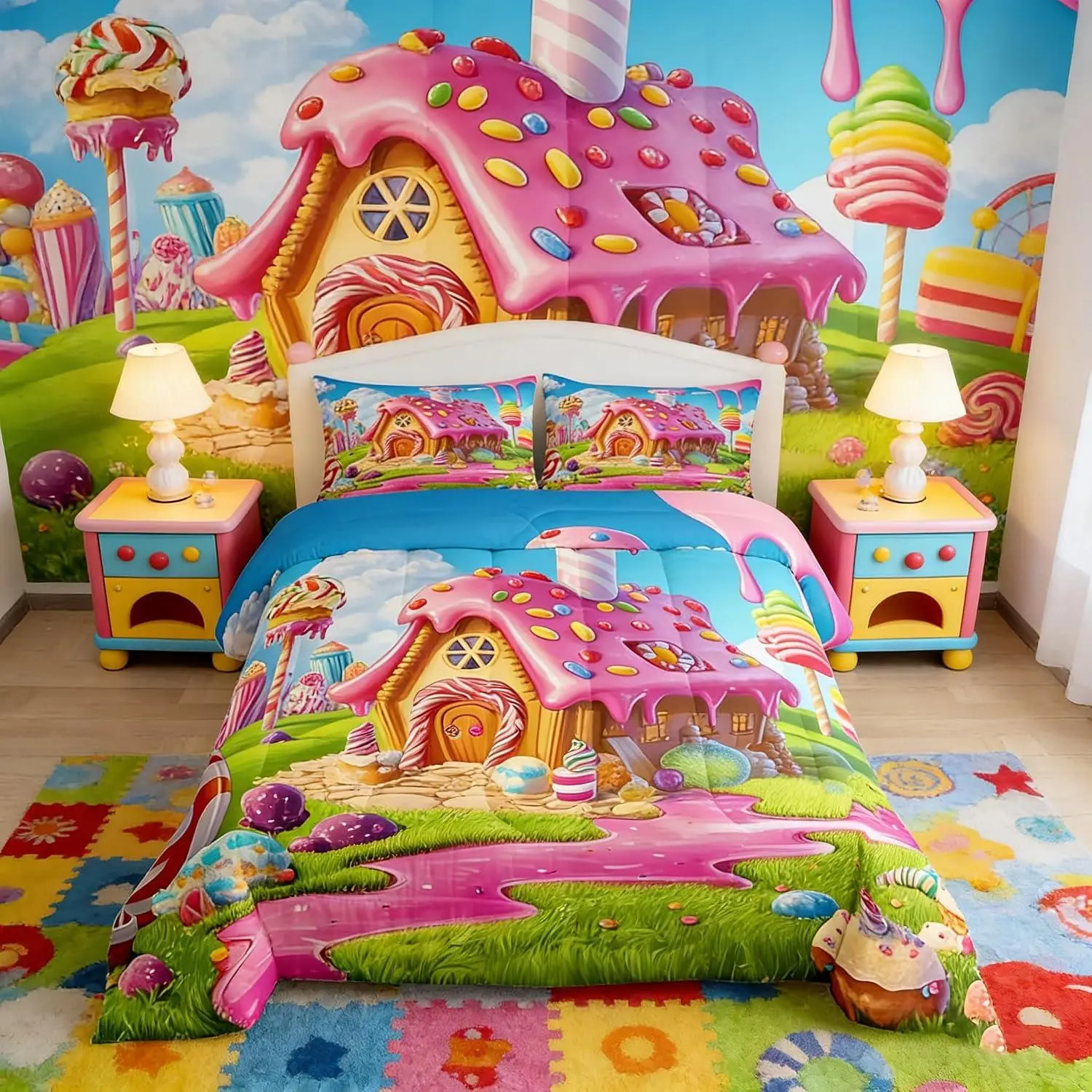 Candy Cottage Comforter Set,Pink Chocolate Cookies Bedding Set Room Decor,Sweet Dessert Down Comforter for All Season,Soft Polyester Quilt Set,Pillowcases