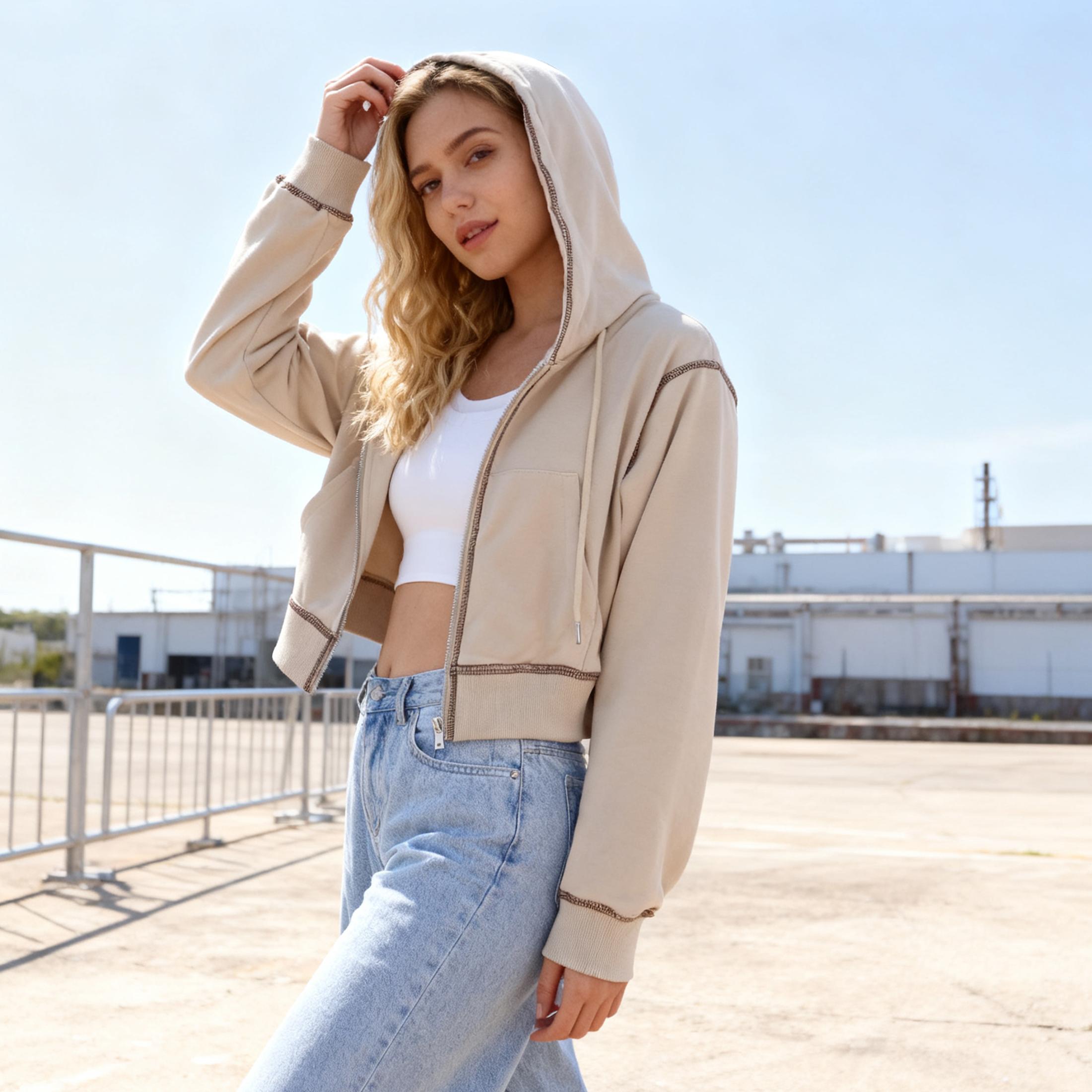 Buenoble Women’s Cropped Zip Up Hoodie Long Sleeve Sweatshirt with Contrast Stitch Casual Loose Fit Jacket