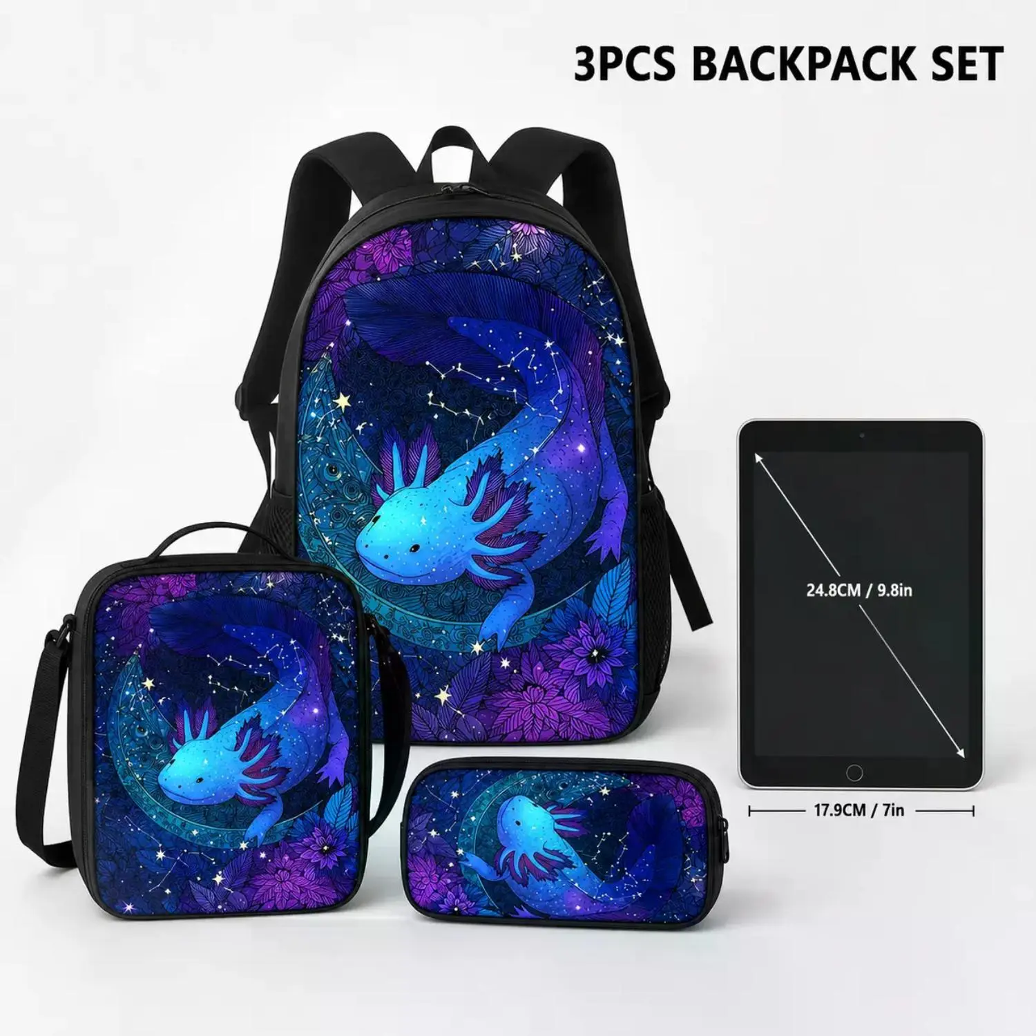 Axolotl 3-Piece Backpack Set for Kids - Purple Galaxy School Bag with Matching Lunch Bag and Pencil Case - Perfect Back to School Gift for Boys and Girls