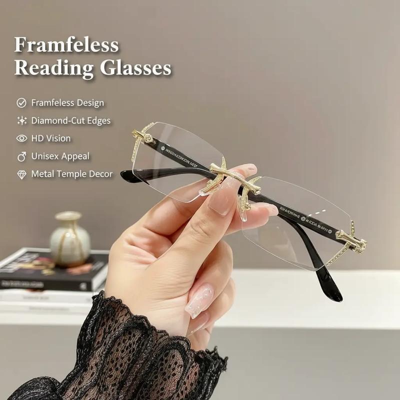 Frameless Reading Glasses with Clear Lenses, Diamond-Cut Edges & Fashion Metal Temple Decor, HD Vision for Reading, Computer Gaming, and Street Style, Unisex Women/Men Daily