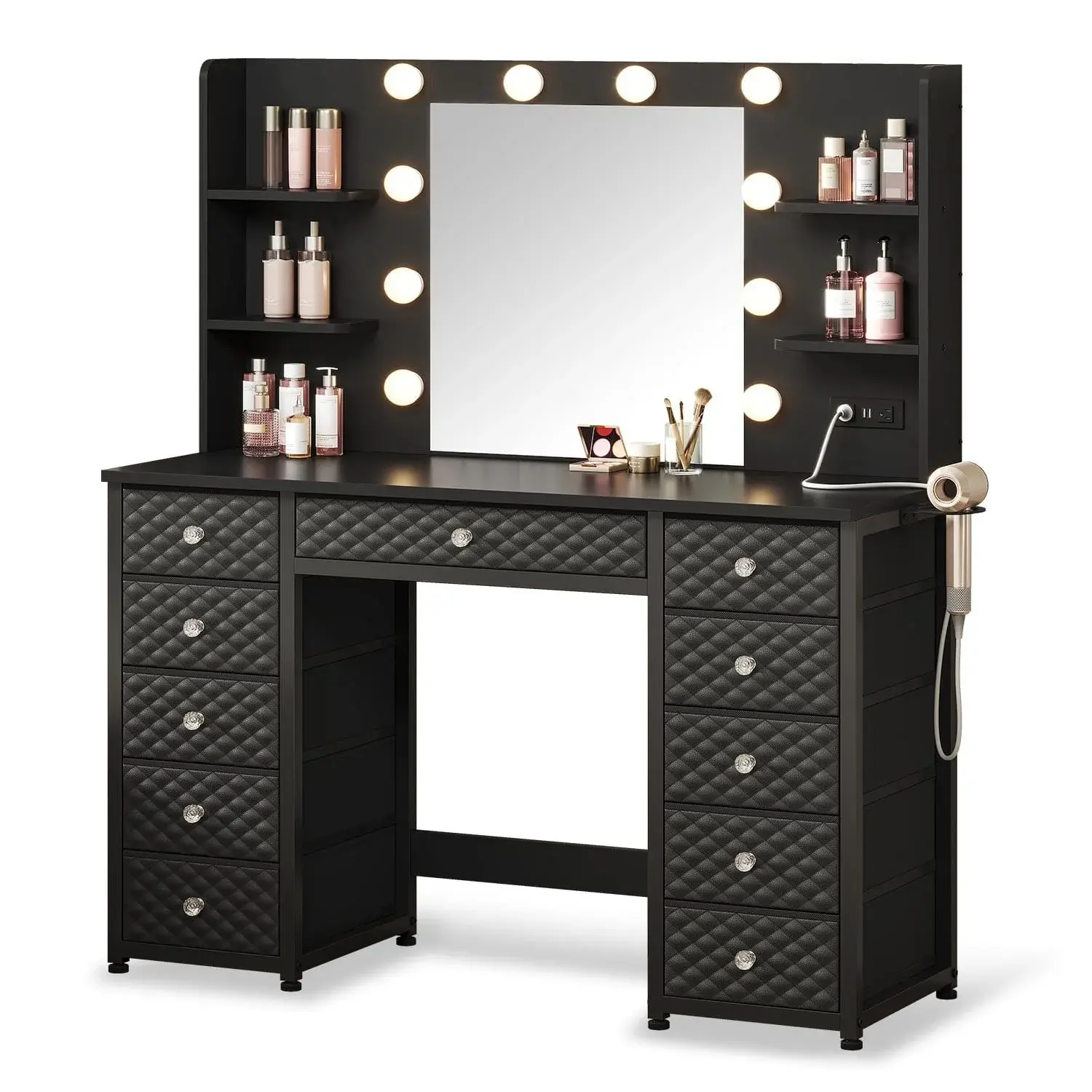 SIKAIC Sturdy Stable Black RGB LED Modern Makeup Vanity Dresser with Mirror, 11 Drawers, 6 Storage Shelves, Charging Station - Bedroom Decor Furniture