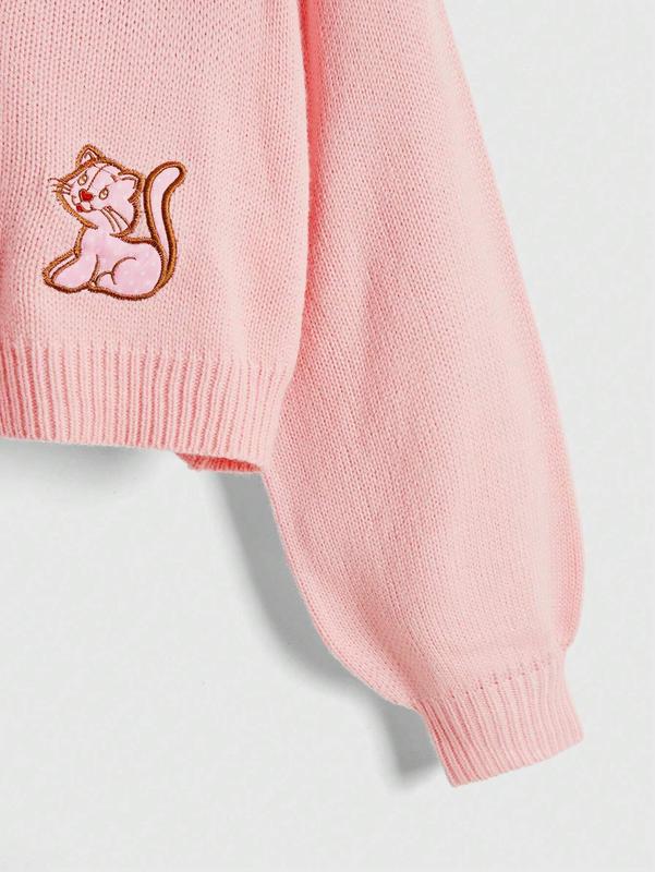 Strawberry Shortcake Women's Autumn/Winter Cute Cat Embroidery Front Button Cardigan