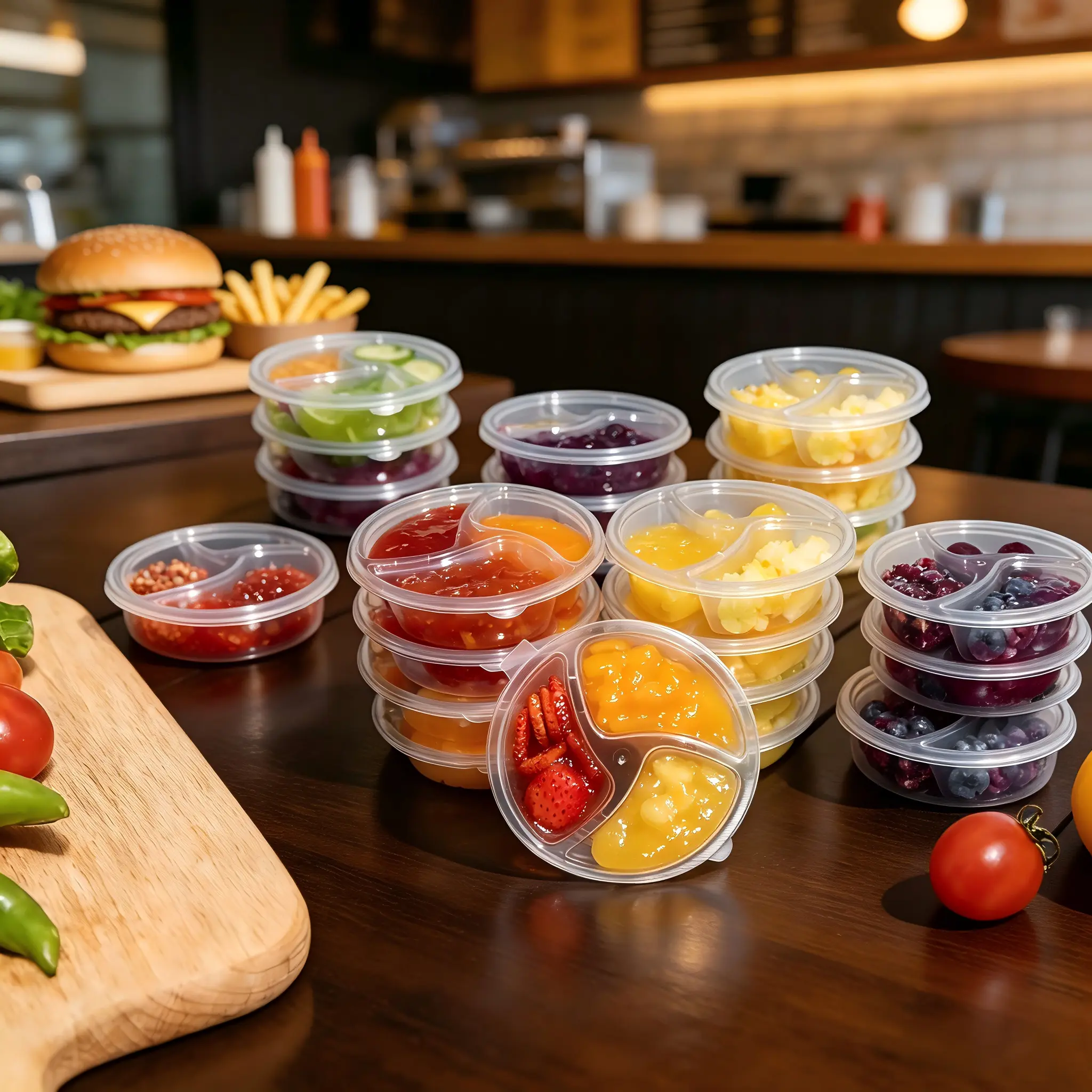 FOOKMEKAG 50/100 Pcs Compartmentalized Transparent PP Plastic Reusable Condiment Containers - 2-3 Compartment Washable Dip Sauce Cups for Kitchen Storage, Holiday Parties
