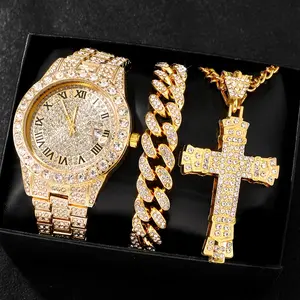 Luxury Gold Iced Out Hip Hop Gift Set – Full Diamond Watch, Cuban Bracelet & Cross Pendant | Dazzling Bling for Rappers | Ideal Birthday & Holiday Gift for Hip Hop Enthusiasts & Street Style Icons
