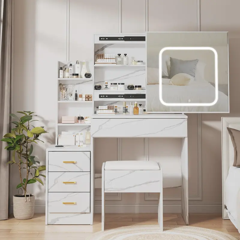 【Christmas Gift】LED Vanity Dresser Set with Sliding Mirror, Modern Makeup Vanity, 3-Color Adjustable Lights, Power Outlet, 4 Drawers, Stool, Open Shelving, Bedroom Storage Furniture