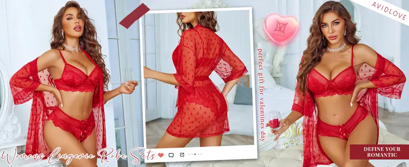 Avidlove Women Lingerie Set 3 Piece Lace Kimono Robe with Bra and Panty Nightgown Sleepwear