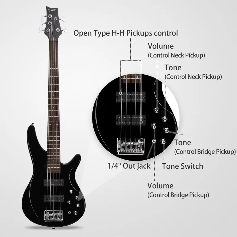 44-Inch Right-Handed 5-String HH Pickups Electric Bass Guitar - Basswood Body, Brazilian Laurel Wood Fingerboard, 24 Frets, Adjustable Bridge, 1 x Bass, 1/4" Jack, 11.44Lb / 5.2Kg, Gig Bag, Full Accessories, Professional Stage/Studio Instrument, Full Kit,