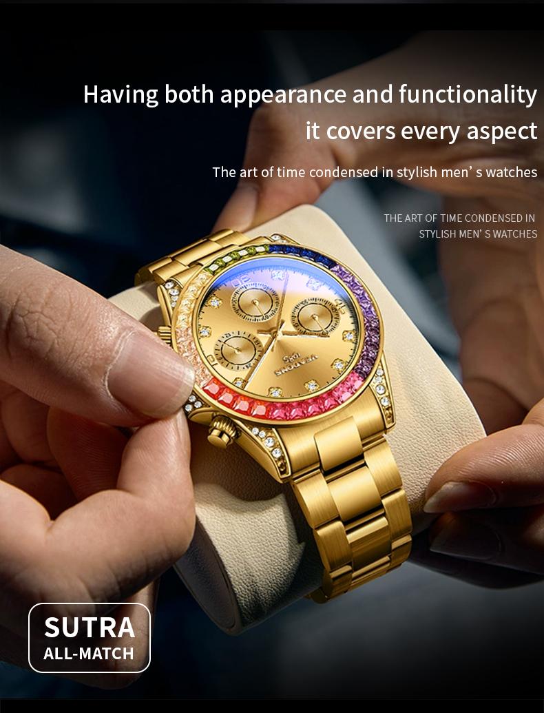 VEADONS Men's Business Fashion Rhinestone Decorated AnalogQuartz Watch Rainbow Crystal Chronograph Quartz Movement Luminous Date WaterResistant for Party Daily Wear Birthday Gift with Box