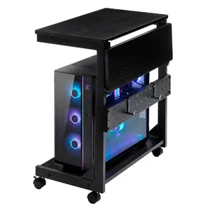 2-Tier Tower Stand, Height Adjustable PC Stand, Computer Cart with Folding Panel, Side Table with Wheels, Pegboard, Hooks and Mouse Pad