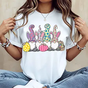Cute Easter Gnomes T-Shirt White Colorful Gnome And Bunny Design Spring Holiday Wear