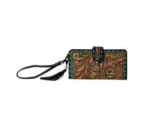 Western Swing Hand Tooled Wristlet S-7487 Leather Wallet with Turquoise Accents Edge Stitching Y2K Style Classic Design Spacious Interior Snaps Closed Matching Strap
