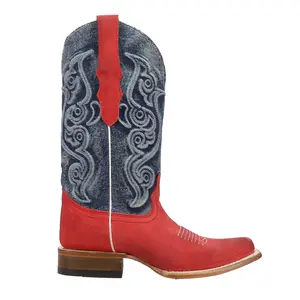 Corral Boots Womens Denim Embroidered Square Toe  Casual Boots Mid Calf Low Heel 1-2" - Blue, Red