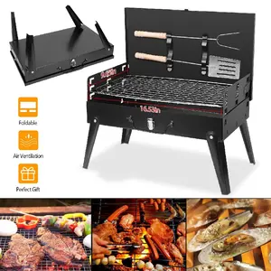 3-Level Adjustable Height Portable Suitcase Grill, Folding Charcoal BBQ with Windproof Lid & Utensil Buckles, Heavy Duty Iron Smoker for 2-3 People Outdoor Camping & Picnics