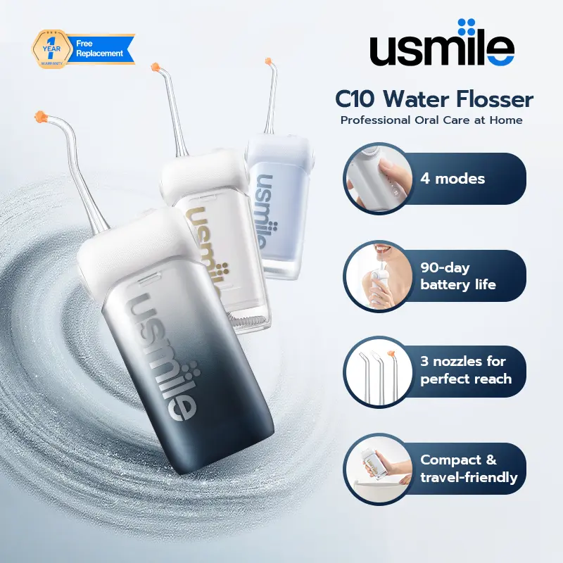 usmile C10 Portable Oral Irrigator, Cordless Water Flosser, 3 Tips, 4 Modes, Travel-Ready, Easy to Use, 95-Day Battery, IPX7 Waterproof