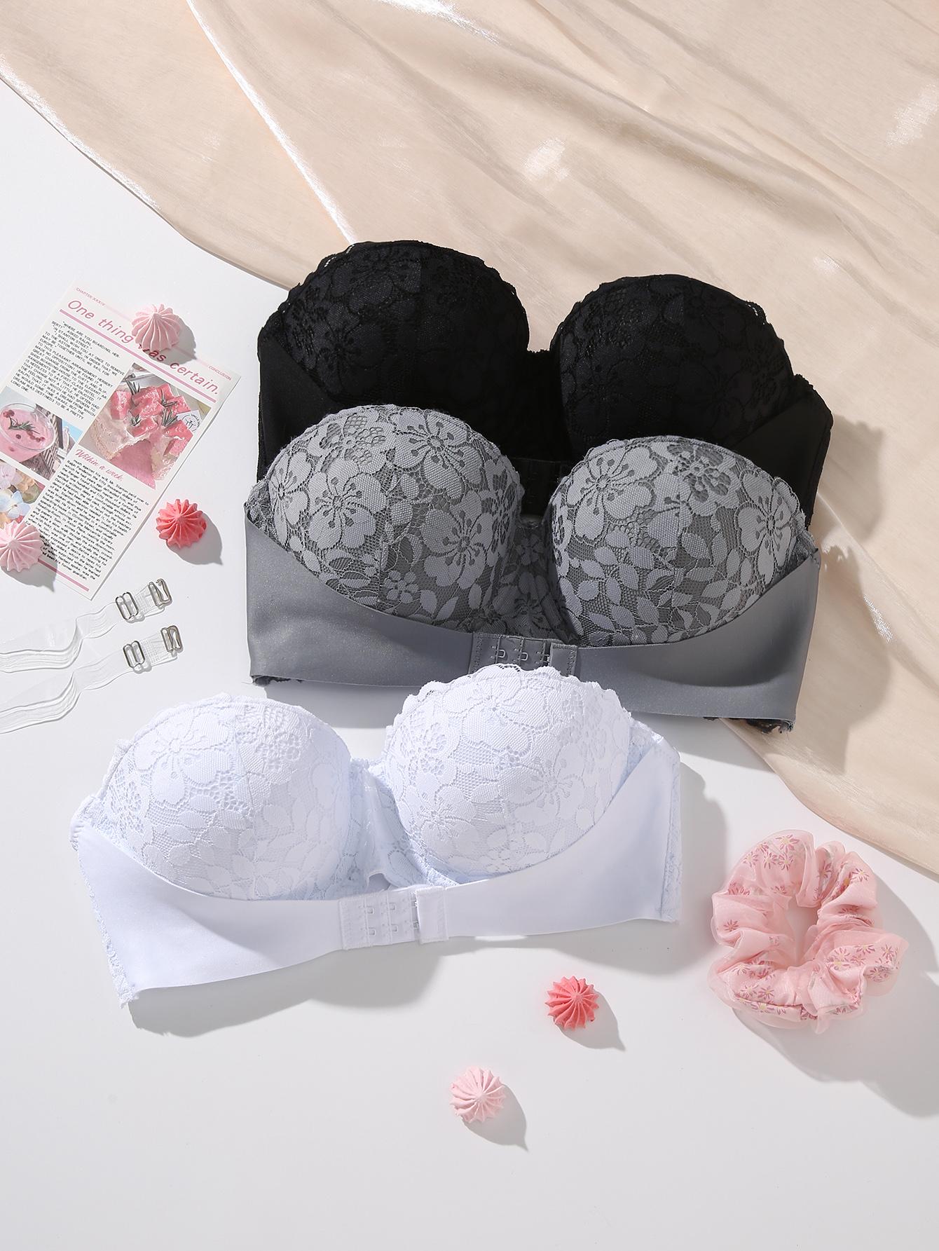Women's 3 Strapless Bras Half Cup Lace Underwire Bra with Pull Up Front Buckle Up Top Invisible Bra Comfortable Sexy Bra Cover Polyamide Material Elegance Everyday Black+White+Grey elegant Womenswear