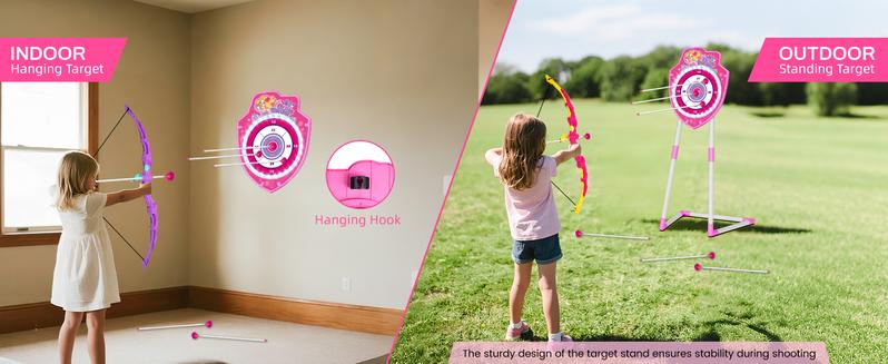 VATOS 2 Pack Bow and Arrow Toy with LED Light - 4 in 1 Archery & Dart Game Set with 20 Suction Cup Arrows, Mermaid Glow Target & Dart Board - Indoor/Outdoor Birthday Gift for Kids Boys Girls Ages 5-12