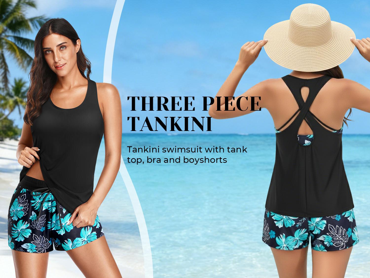 Aqua Eve Three Piece Tankini with Boyshorts Chlorine Resistant Quick Dry Modest Athletic Bathing Suit with Pockets Cool Toned Print Built in Shelf Bra for Beach Vacations Pool Parties Surfing Water Aerobics Summer Getaways Womens Sporty Swimwear