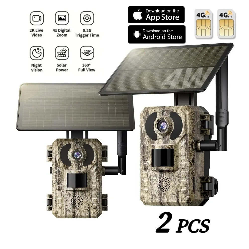 1/2 Pack 4G LTE Cellular Trail Camera with 2.7K Live View, Remote Phone Access and Playback, Motion Activated and 0.2 Second Trigger Time, Night Vision, Built-in SIM Card, Outdoor Hunting Camera for Farm/Garden/Ranch, with Solar Panel