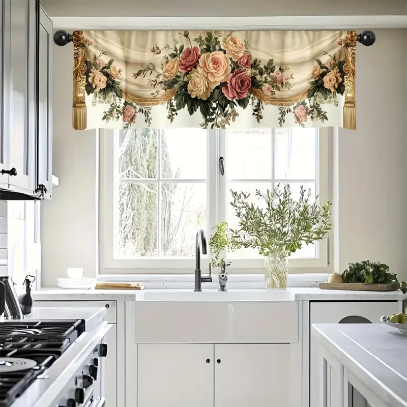 2D Flat Vintage Rose Short Curtains - Filtering Design with Rod Pocket, Semi-Sheer Floral Window Drapes for Kitchen, Living Room, Bedroom - Machine Washable, Elegant Rose Pattern, Foldable Colorful Divider