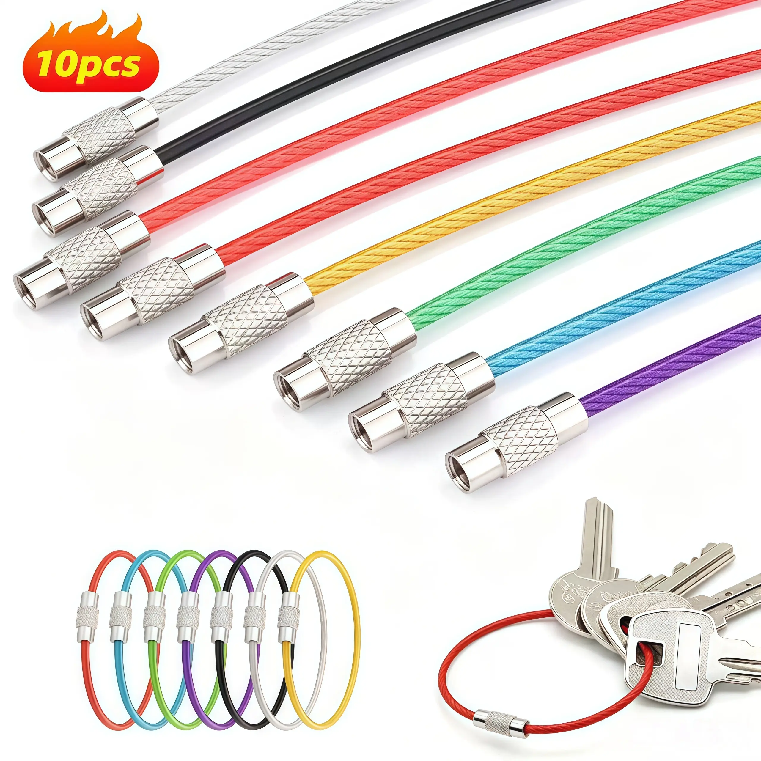 10 colored stainless steel wire keychains, heavy-duty nylon coated cable keychains, detachable steel wire keychains for crafts, rainbow colored stainless steel wire keychains, colored coated stainless steel wire ropes