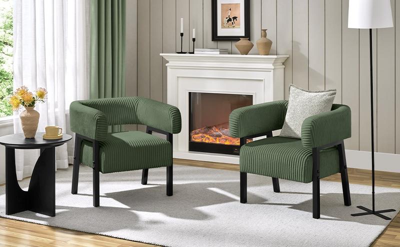 Yaheetech Corduroy Barrel Accent Chair, Modern Upholstered Armchair with Solid Wood Legs, Cozy Leisure Chair with Pocket Coiled Seat for Living Room, Bedroom, Reading