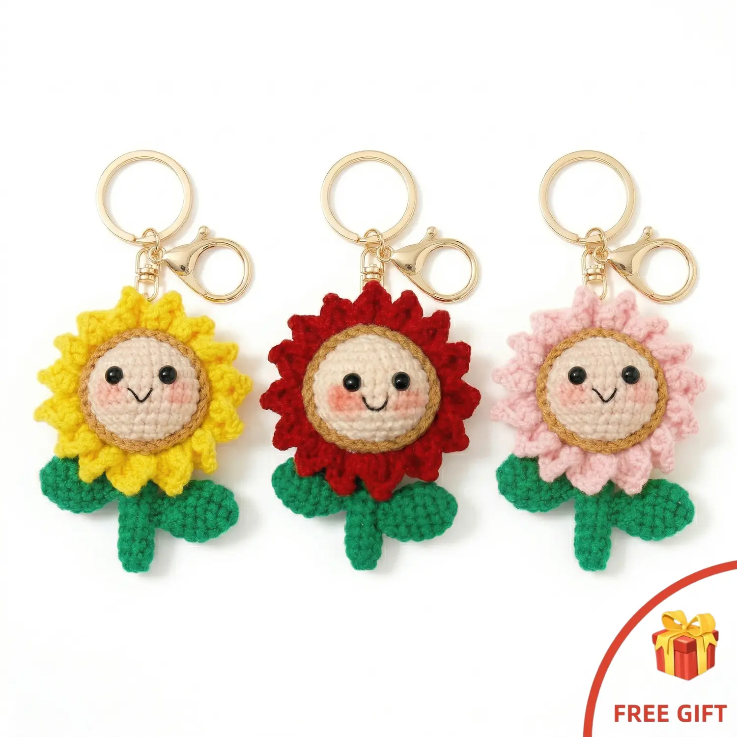 Women's Handmade 3D Crochet Sunflower Cute Keychain Set - Artisan Smiley Face Figure, Premium Yarn Bag Charm, Cheerful Look Bestie Birthday Gift for Bags/Car Rearview Mirrors, Keychain Rings, Sturdy, Kawaii Accessories, Cute Keychains