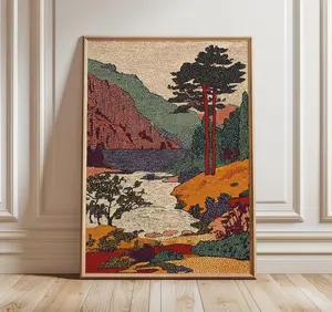 [Sale Up To 40%] [Unframed] Vintage Landscape Art Print, Retro Scenic Wall Art with Mountains and River, Warm Earth Tone Poster, Classic Nature Home Decor