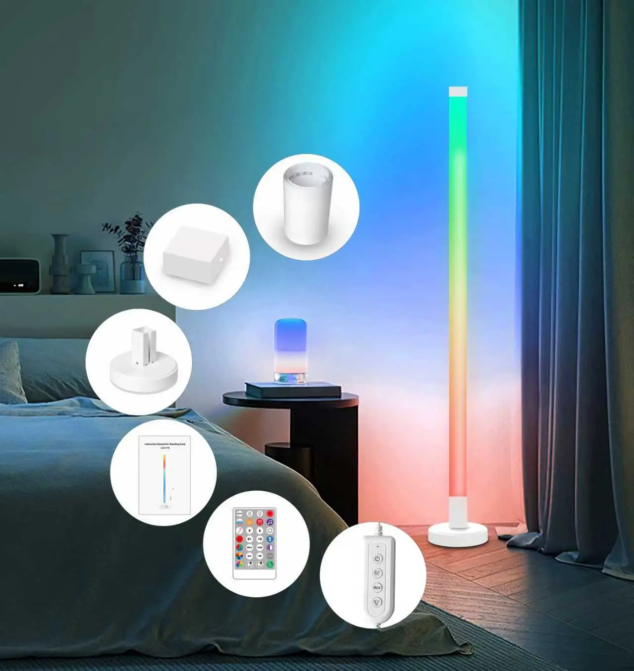 1.2m Smart PP RGB LED Corner Floor Lamp, App & Remote Dual Control,Music Sync, Custom Scene Modes, Dimmable Modern Standing Ambient Light for Living Room, Gaming Room