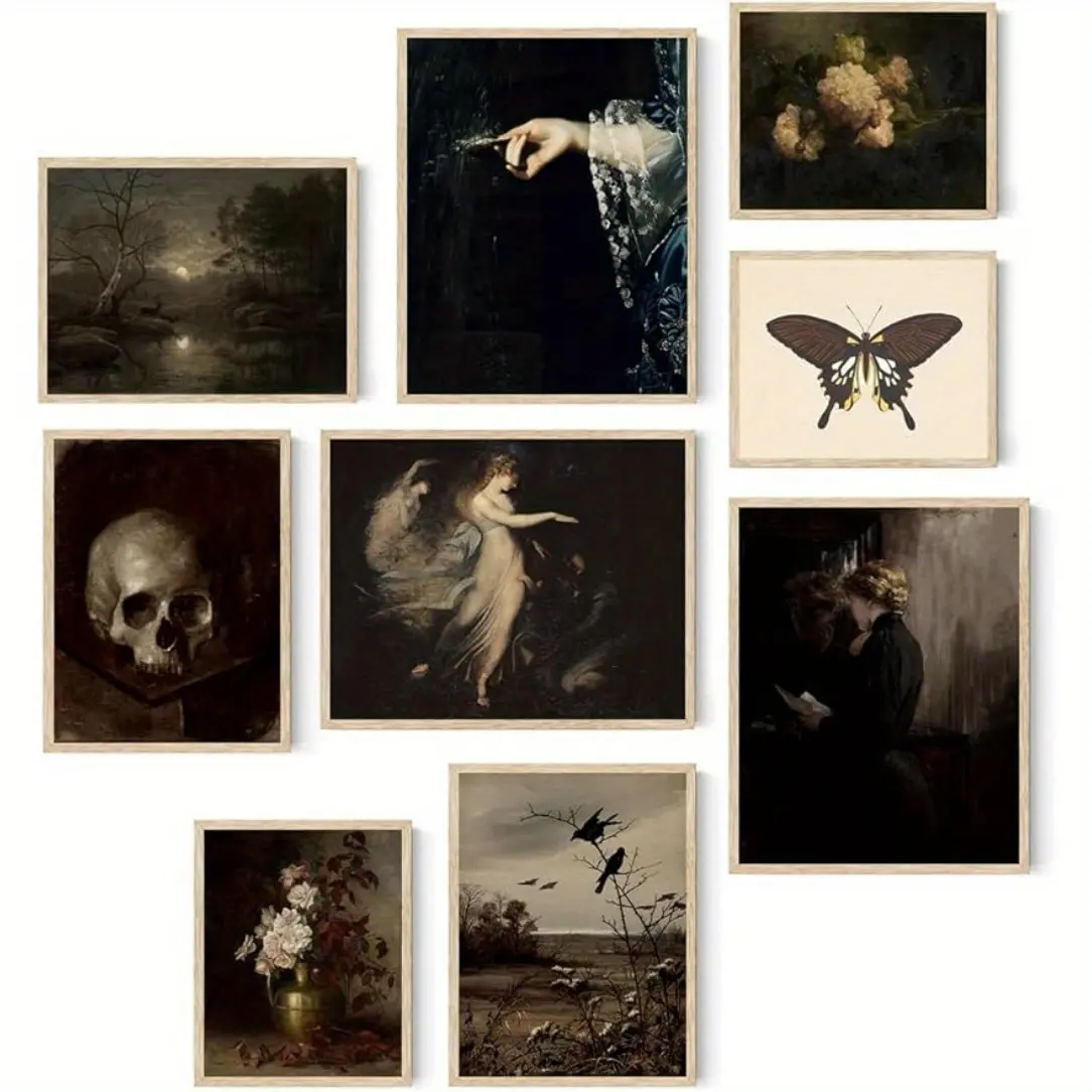 9pcs 8*10inch Frameless Dark Academia Room Decor Wall Art Prints Vintage Design Aesthetic Goth Victorian Ladies Floral Antique Gallery Wall Decor Wall Art Decoration for Home Living Room Bedroom