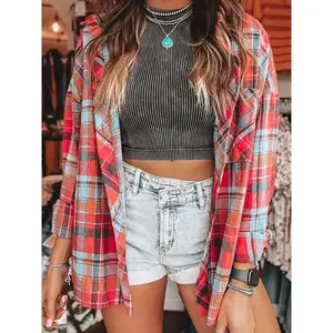 Casual Plaid Flannel Shirt for Women - 100% Polyester Fabric, Classic Lapel Collar, Long Shirt Sleeves, Blouse Comfort Top Womenswear